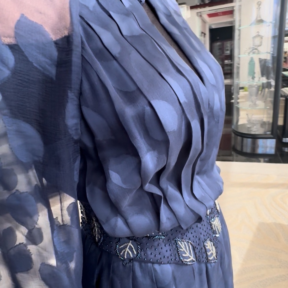 Vintage Sheer Navy Blue Dress with Hand Beaded Leaf Accents - Picture 7 of 9
